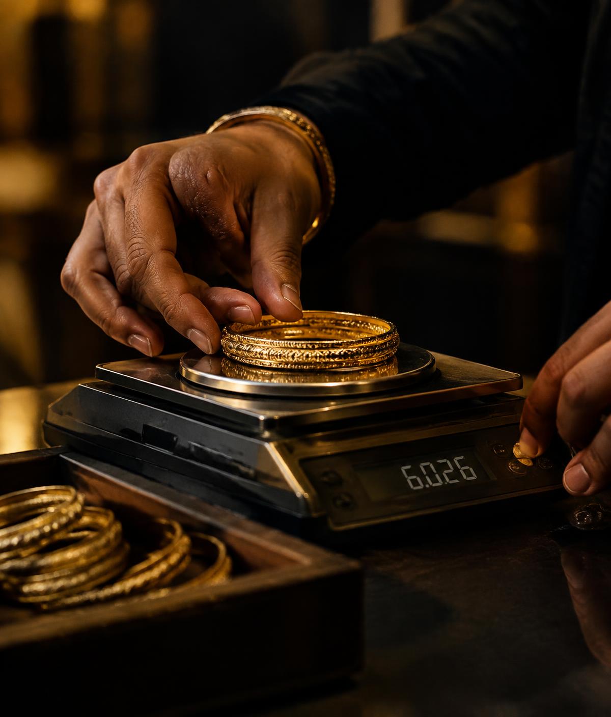 Jeweler weighing gold bangles