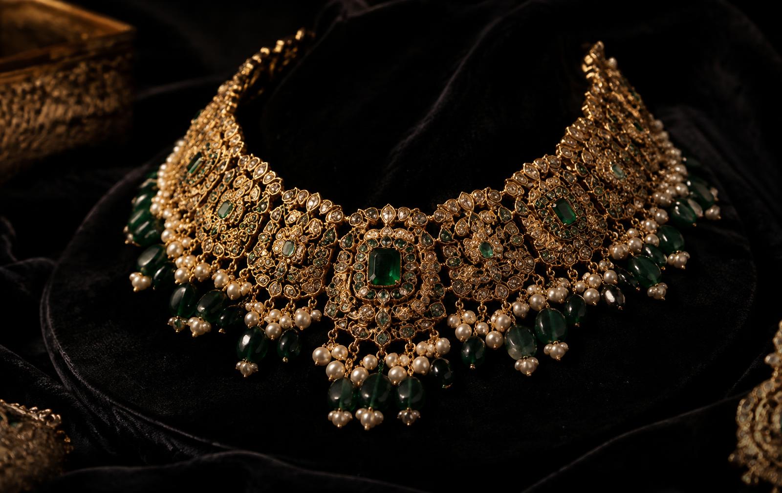 Gold bridal necklace with emeralds and pearls